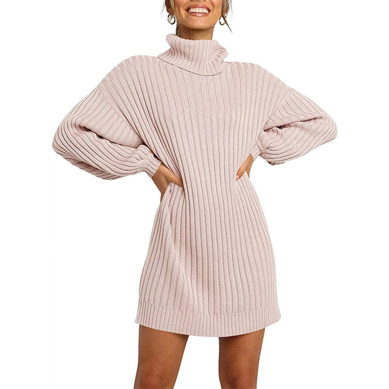 Damen Geripptes Rollkragen-Minikleid mit Oversize-Silhouette und Ballonärmeln Drune