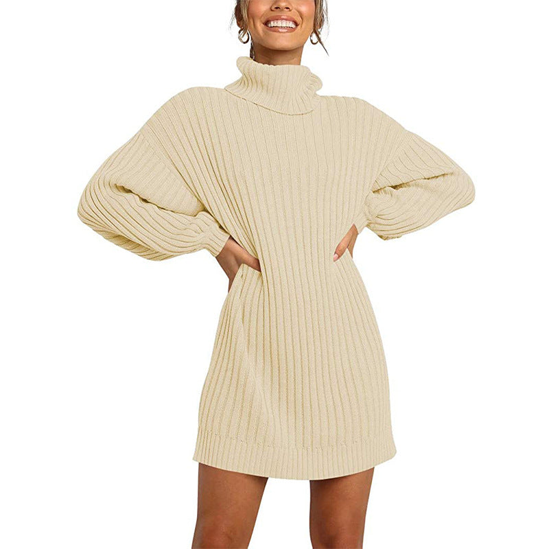Damen Geripptes Rollkragen-Minikleid mit Oversize-Silhouette und Ballonärmeln Drune