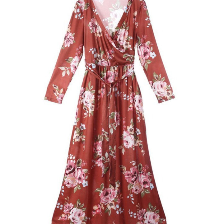 Damen Maxikleid mit floralem Wickeldesign und langen Ärmeln Drune