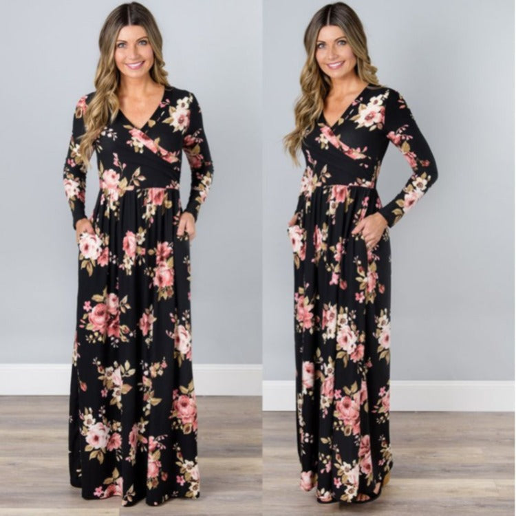 Damen Maxikleid mit floralem Wickeldesign und langen Ärmeln Drune