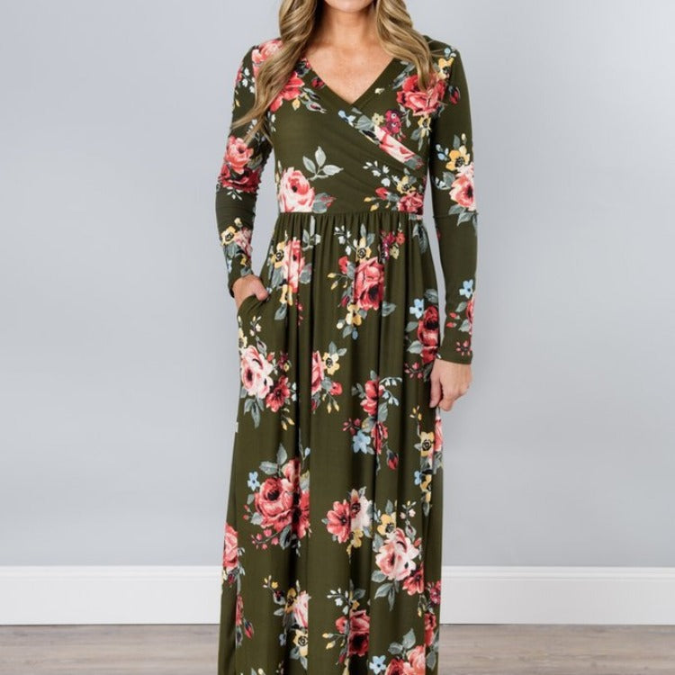Damen Maxikleid mit floralem Wickeldesign und langen Ärmeln Drune