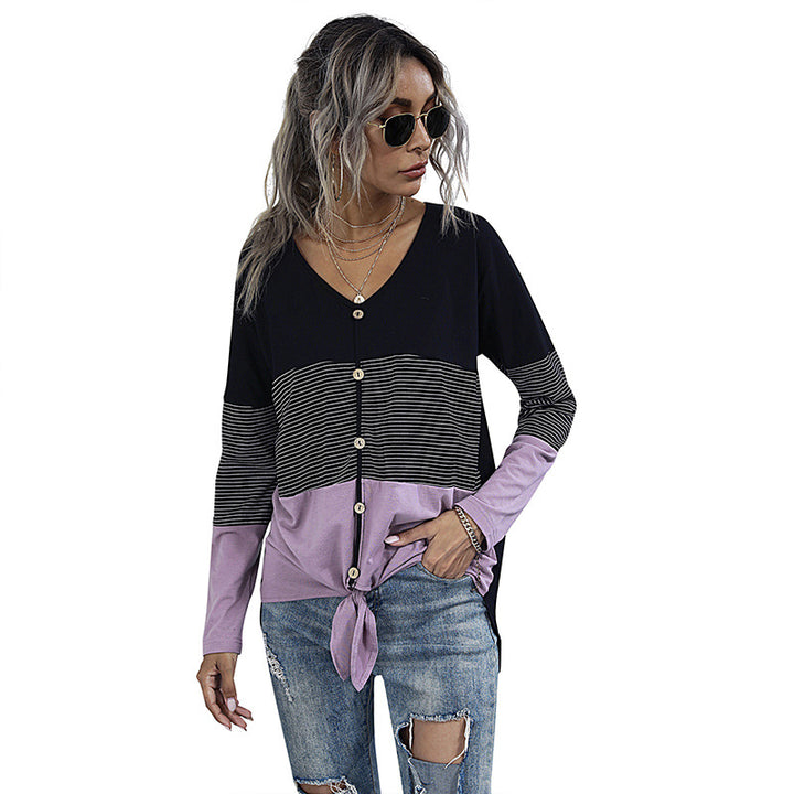 Damen Leichtes Colorblock-Longsleeve mit Knopfleiste & Knotenfront Drune