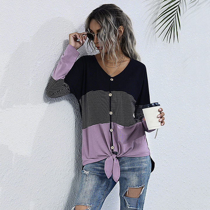 Damen Leichtes Colorblock-Longsleeve mit Knopfleiste & Knotenfront Drune
