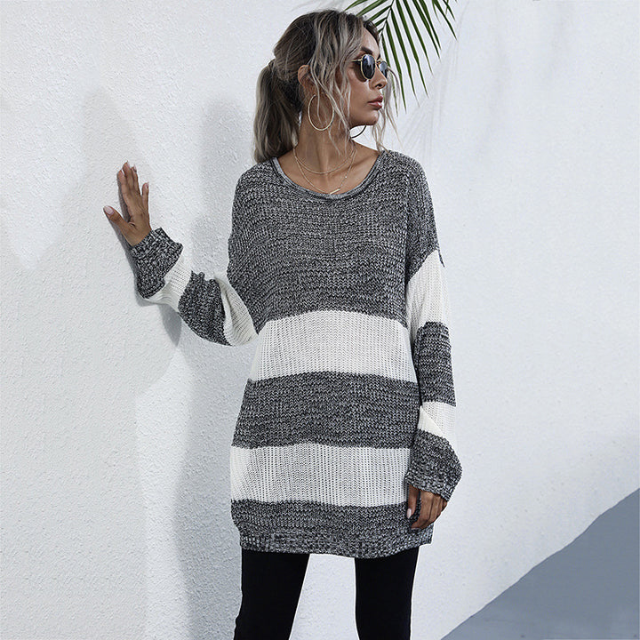 Damen Oversize Longpullover mit Blockstreifen und Rundhalsausschnitt Drune