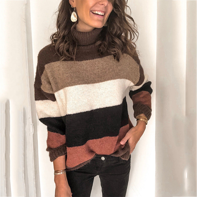 Damen Oversize-Blockstreifen-Rollkragenpullover aus fluffigem Strick Drune