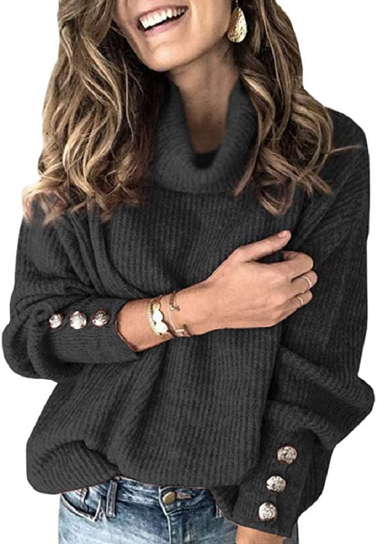 Damen Oversize-Rollkragenpullover mit Rippstruktur und Zierknopfleiste Drune