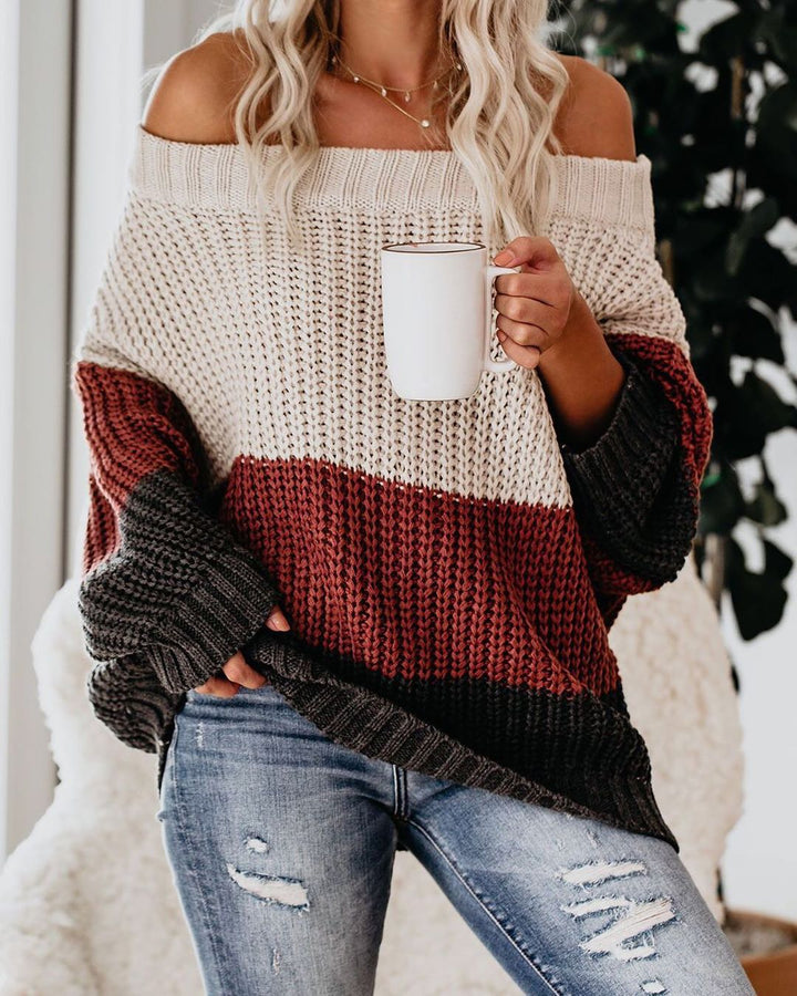 Damen Schulterfreier Oversize Blockstreifen Strickpullover Drune