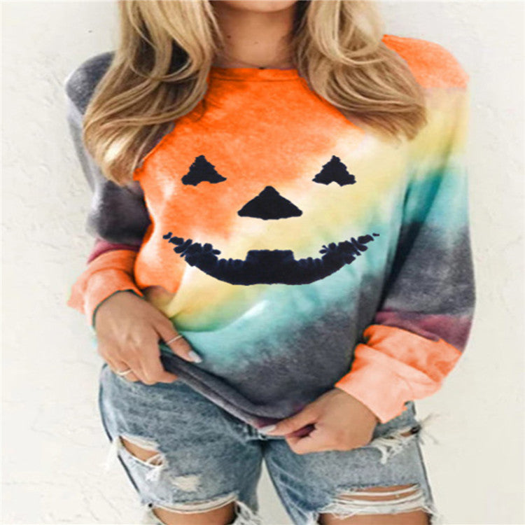 Damen Lässiger Sweatshirt mit Halloween-Motiv und Farbverlauf Drune