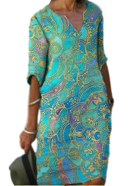 Damen Freizeitleichtkleid mit elegantem V-Ausschnitt und buntem Muster Drune