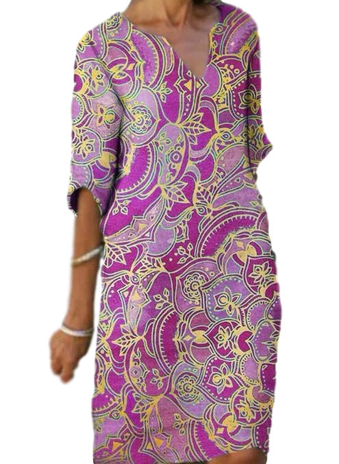 Damen Freizeitleichtkleid mit elegantem V-Ausschnitt und buntem Muster Drune