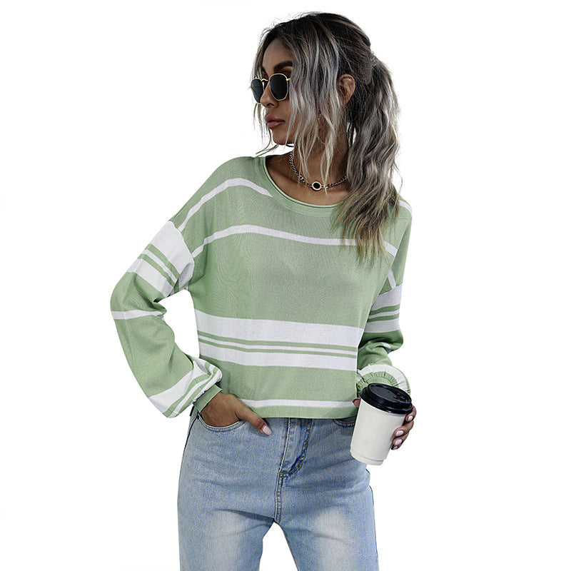 Damen Gestreifter Cropped-Feinstrickpullover mit weitem Raglanärmel Drune