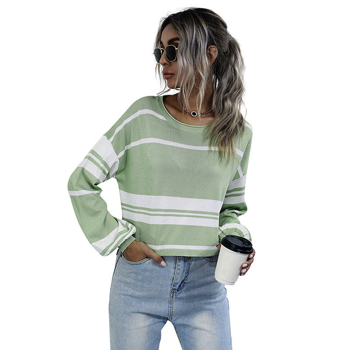 Damen Gestreifter Cropped-Feinstrickpullover mit weitem Raglanärmel Drune