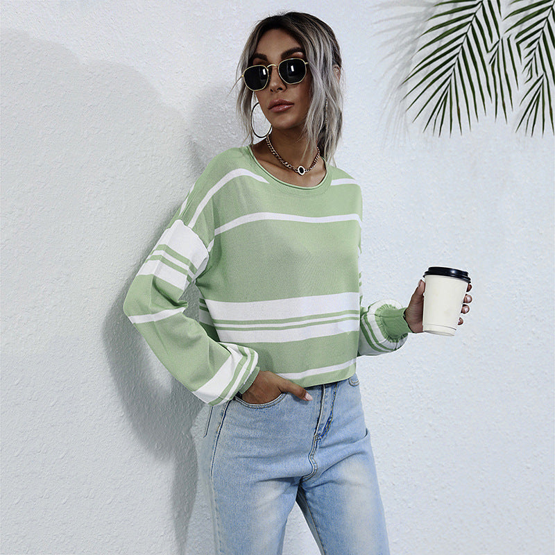 Damen Gestreifter Cropped-Feinstrickpullover mit weitem Raglanärmel Drune