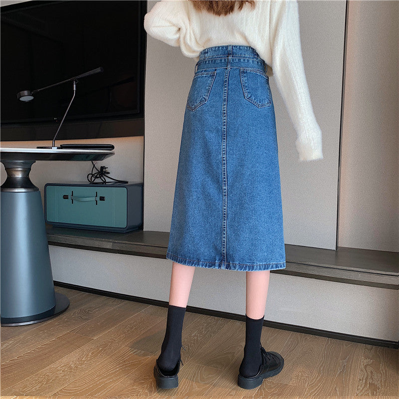 Damen Denim-Midi-Rock mit abnehmbarem Gürtel Drune