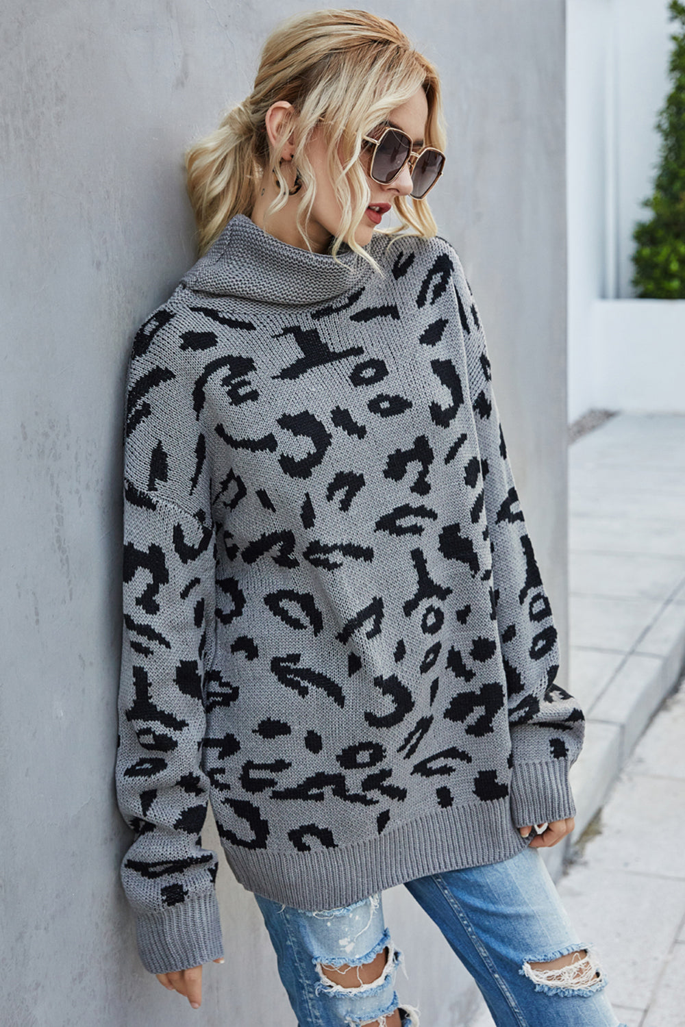 Drune Lockere Leopardenmuster Umlegekragen Pullover