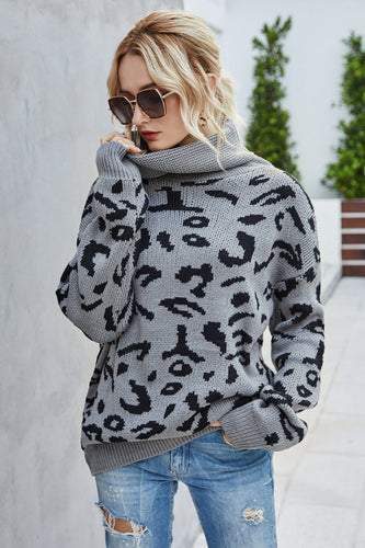 Drune Lockere Leopardenmuster Umlegekragen Pullover