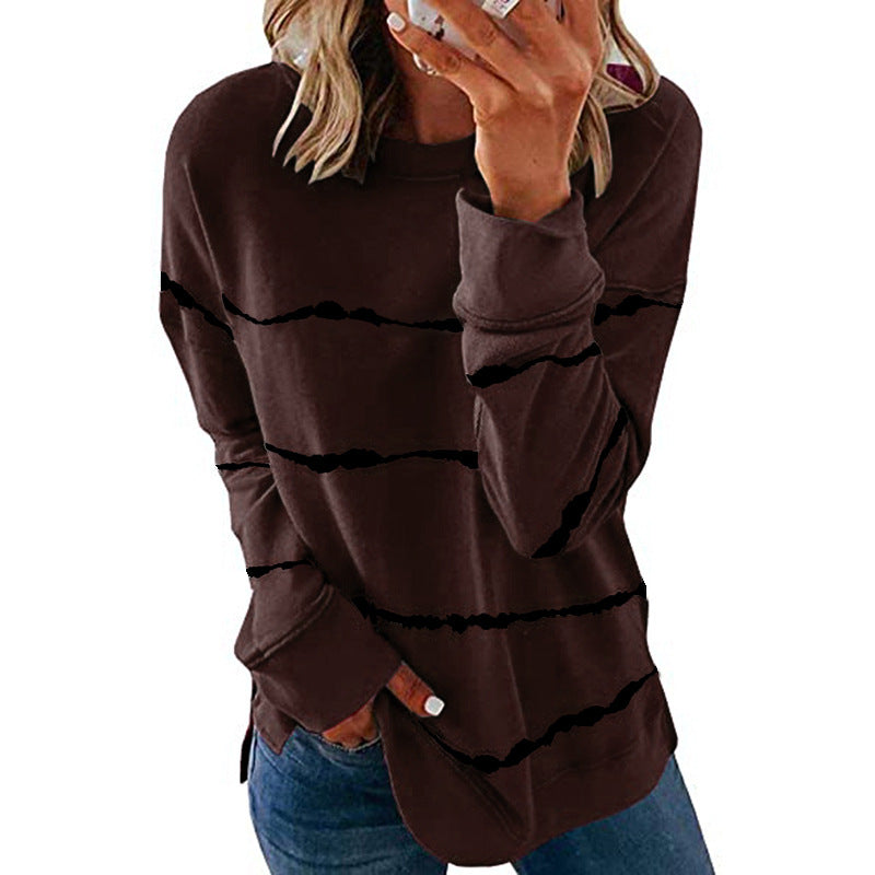 Damen nan lässiges Oversize-Sweatshirt mit wellenförmigem Streifenmuster Rundhals Seitenschlitzen und gerundetem Saum Drune