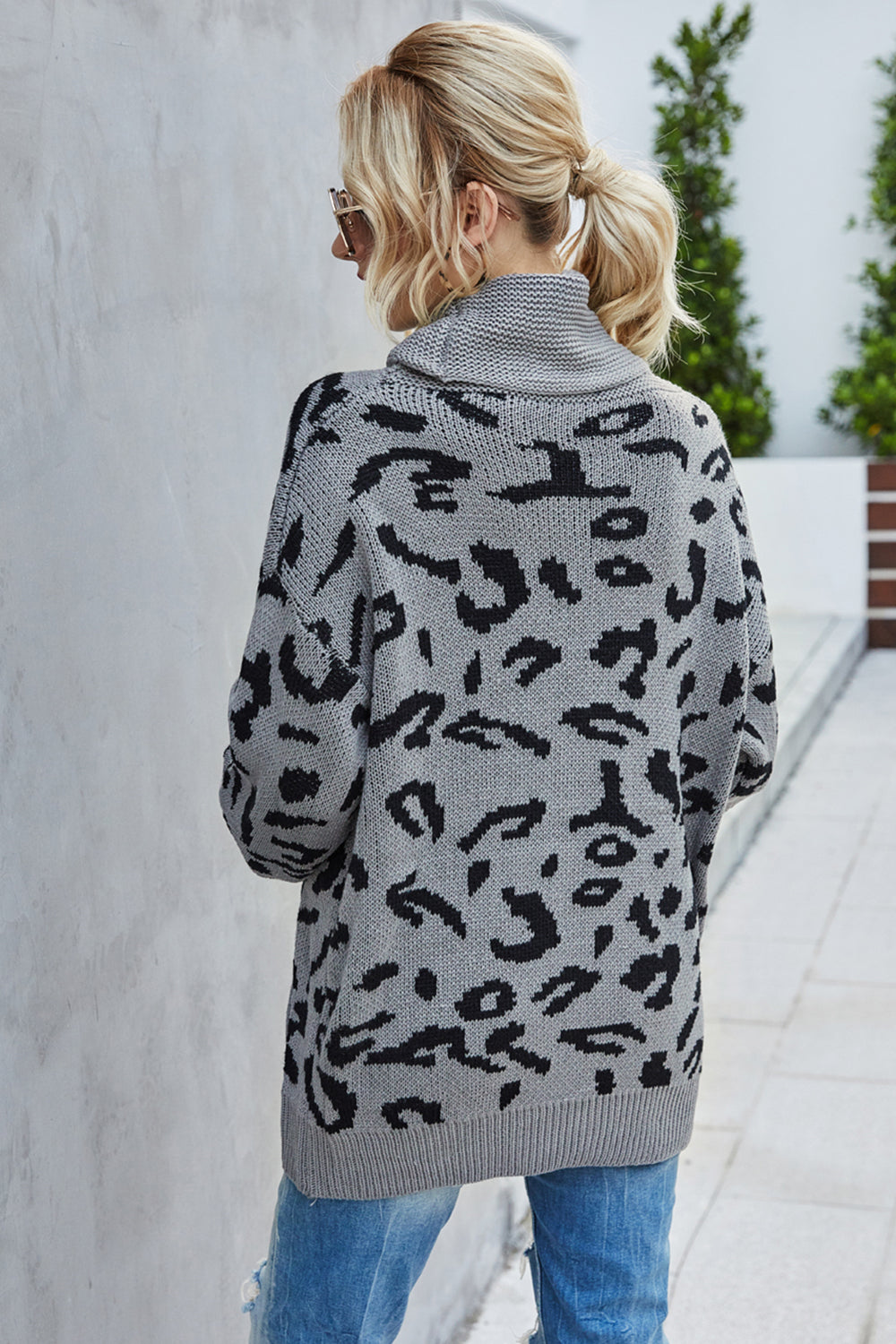 Drune Lockere Leopardenmuster Umlegekragen Pullover