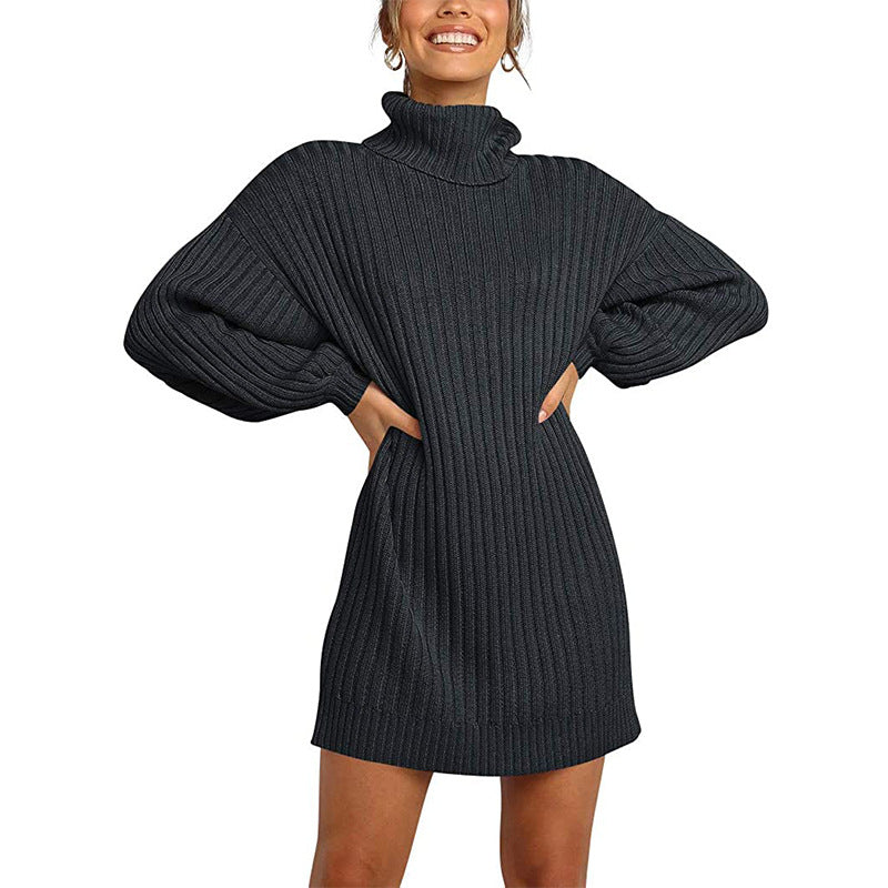 Damen Geripptes Rollkragen-Minikleid mit Oversize-Silhouette und Ballonärmeln Drune