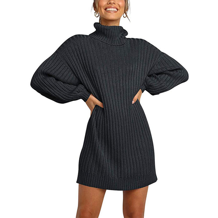 Damen Geripptes Rollkragen-Minikleid mit Oversize-Silhouette und Ballonärmeln Drune
