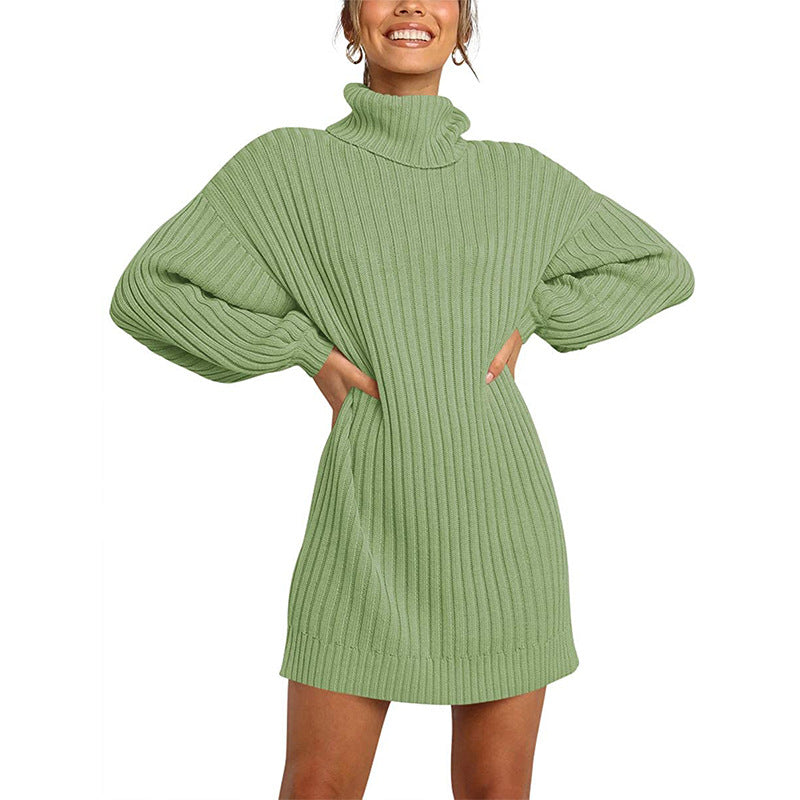 Damen Grobstrick Pulloverkleid mit hohem Kragen und überschnittenen Schultern Drune
