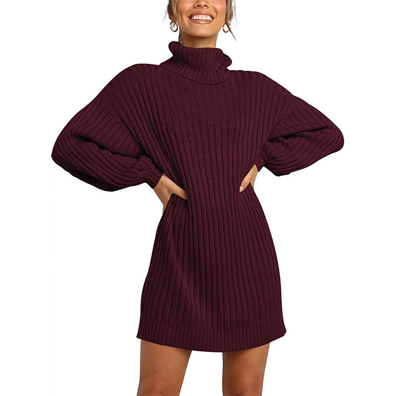 Damen Geripptes Rollkragen-Minikleid mit Oversize-Silhouette und Ballonärmeln Drune