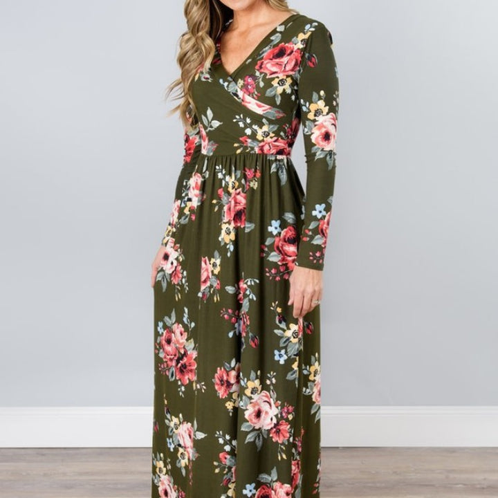 Damen Maxikleid mit floralem Wickeldesign und langen Ärmeln Drune