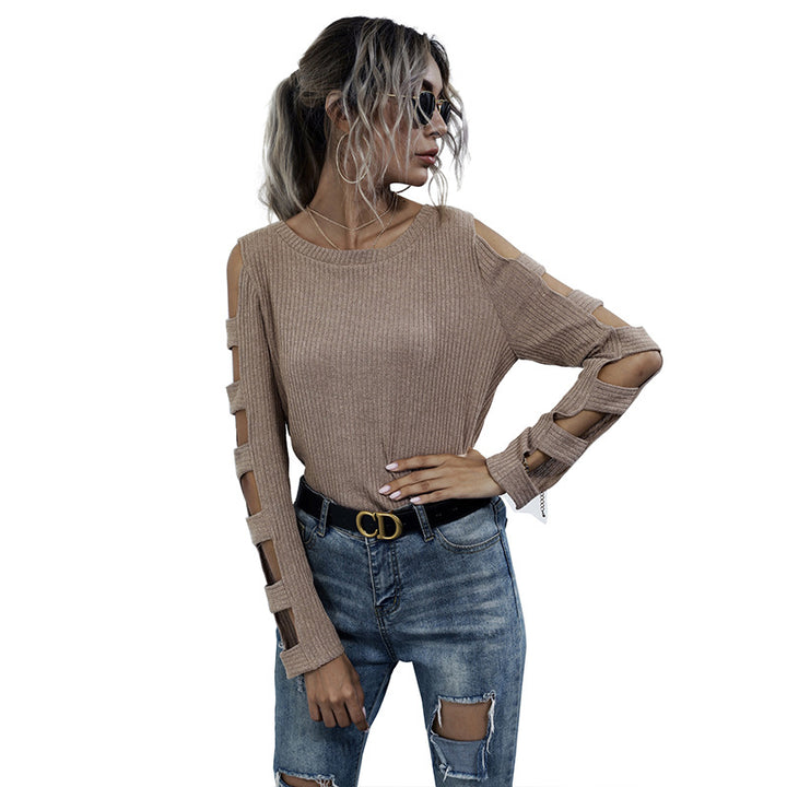 Damen Rippenstrick-Longsleeve mit Cut-Out-Ärmeln und Schulteröffnungen Drune