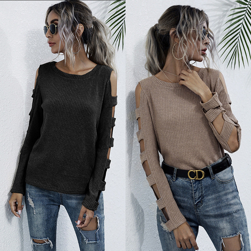 Damen Rippenstrick-Longsleeve mit Cut-Out-Ärmeln und Schulteröffnungen Drune