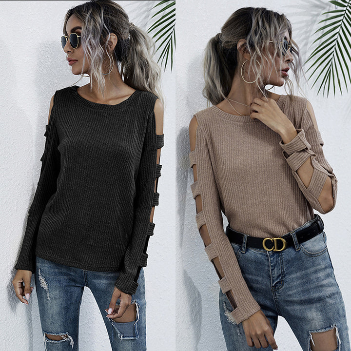 Damen Rippenstrick-Longsleeve mit Cut-Out-Ärmeln und Schulteröffnungen Drune