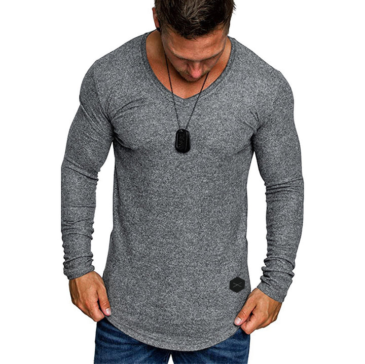 Herren Enganliegendes Langarmshirt mit tiefem V-Ausschnitt, elastischem Baumwollmix und abgerundetem Saum Drune