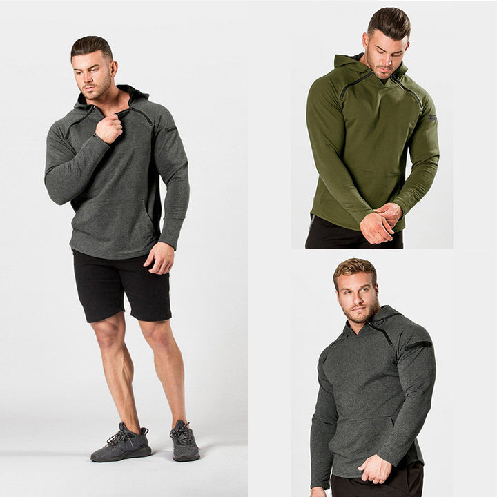 Herren Enganliegender Performance-Fit Hoodie mit Kapuze, Kängurutasche und Schulter-Reißverschluss Drune