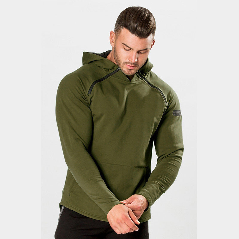 Herren Enganliegender Performance-Fit Hoodie mit Kapuze, Kängurutasche und Schulter-Reißverschluss Drune