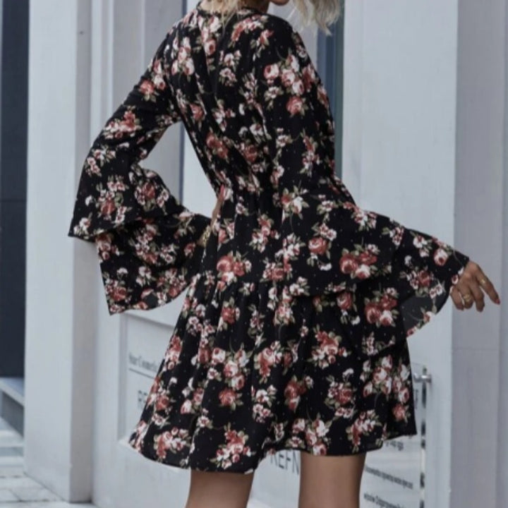 Damen Midikleid mit weit ausgestellten Ärmeln und floralen Mustern Drune