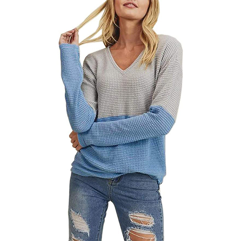 Damen Waffelstrick-Pullover mit V-Ausschnitt und Colorblock-Design Drune