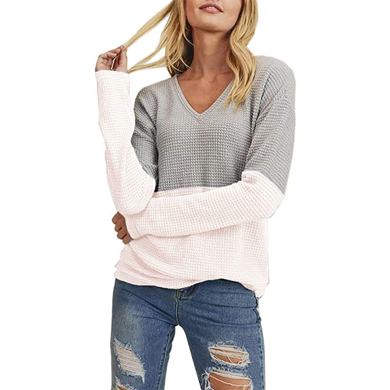 Damen Waffelstrick-Pullover mit V-Ausschnitt und Colorblock-Design Drune