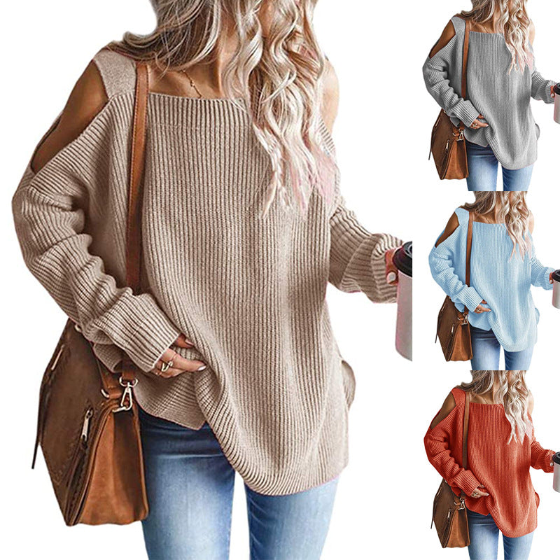 Damen Oversize-Rippstrickpullover mit Schulter-Cut-outs und weitem U-Boot-Ausschnitt Drune