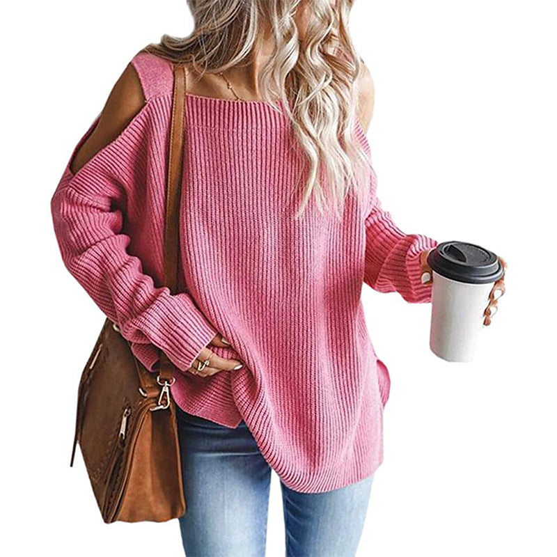 Damen Oversize-Rippstrickpullover mit Schulter-Cut-outs und weitem U-Boot-Ausschnitt Drune