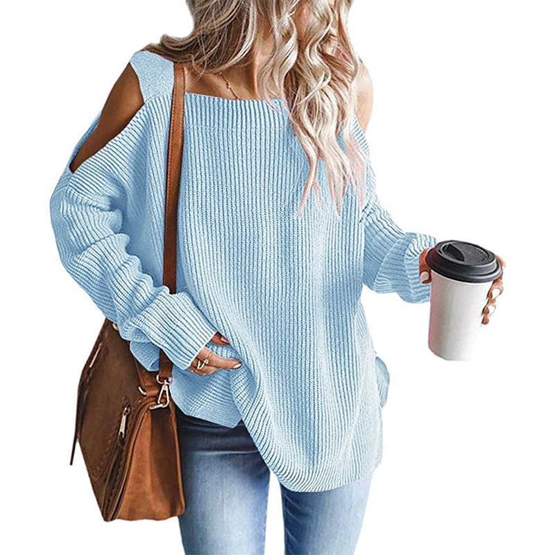Damen Oversize-Rippstrickpullover mit Schulter-Cut-outs und weitem U-Boot-Ausschnitt Drune