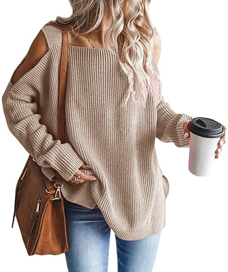 Damen Oversize Strickpullover mit Cut-Out-Schulter, geripptem Feinstrick und weitem U-Boot-Ausschnitt Drune