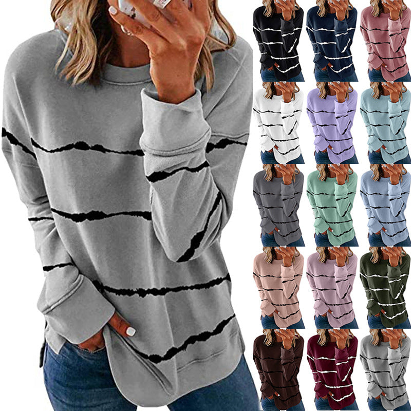 Damen nan lässiges Oversize-Sweatshirt mit wellenförmigem Streifenmuster Rundhals Seitenschlitzen und gerundetem Saum Drune