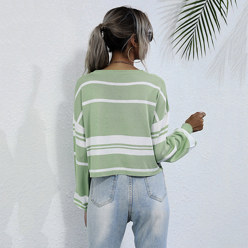 Damen Gestreifter Cropped-Feinstrickpullover mit weitem Raglanärmel Drune