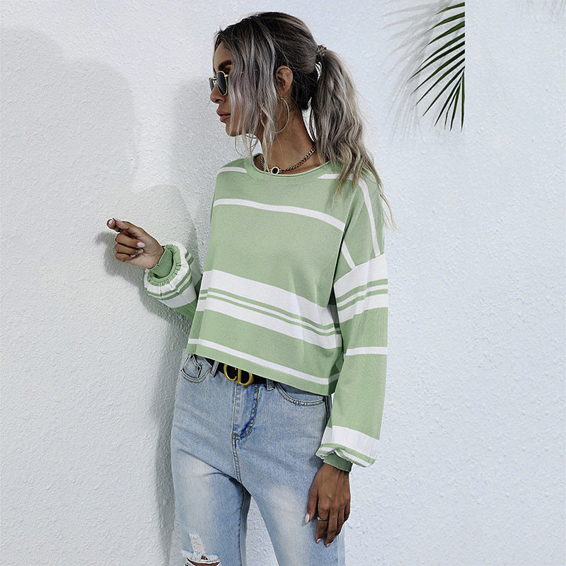 Damen Gestreifter Cropped-Feinstrickpullover mit weitem Raglanärmel Drune