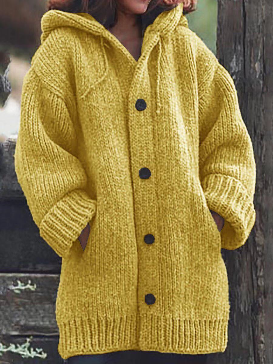 Damen Langgezogener Grobstrick-Mantelcardigan mit Kapuze, überschnittener Schulter und großen Knöpfen Drune