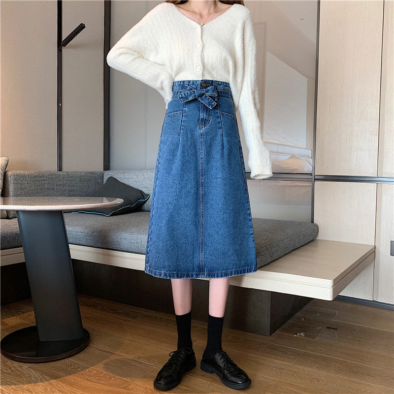 Damen Denim-Midi-Rock mit abnehmbarem Gürtel Drune