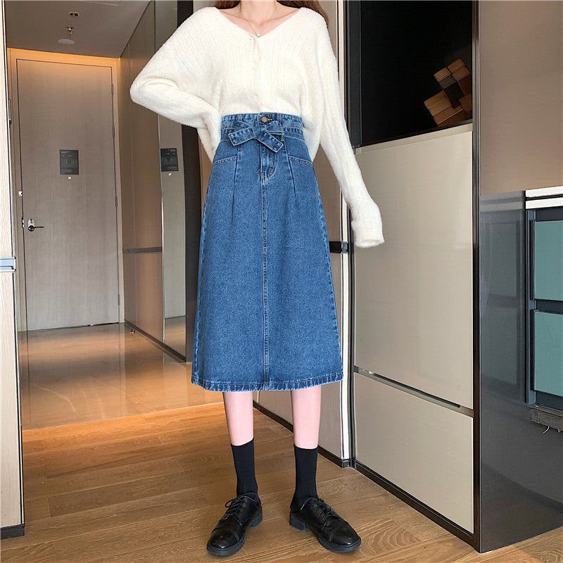 Damen Denim-Midi-Rock mit abnehmbarem Gürtel Drune