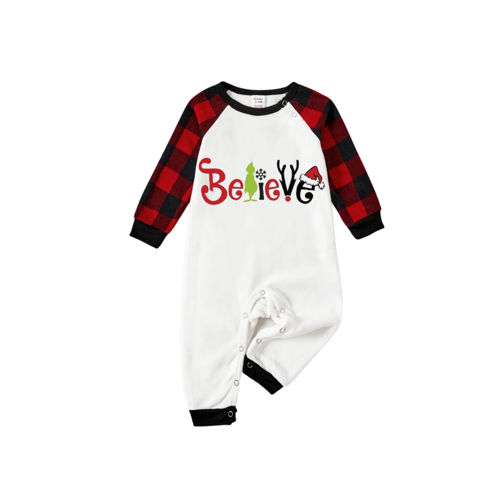 Drune | Christmas 2025 "Believe" Buchstaben Weiß Langarmoberteil und rot-schwarz karierten Hose Familienpassende Pyjamas