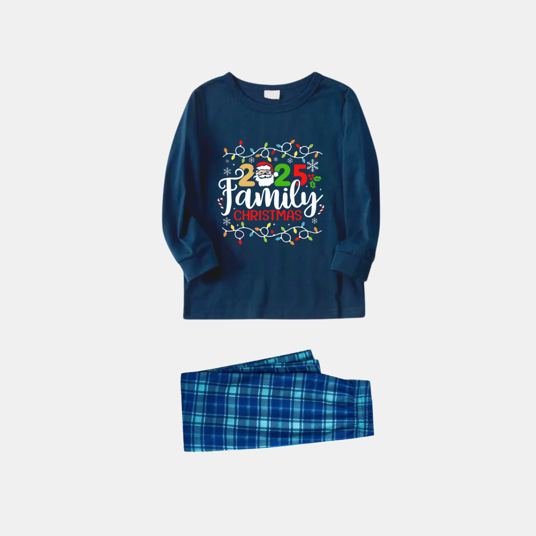 Drune | Marineblaues und Himmelblaues Karierter Weihnachts-Pyjama-Set mit Weihnachtslichtern und "2025 Familienweihnachten" Textdruck