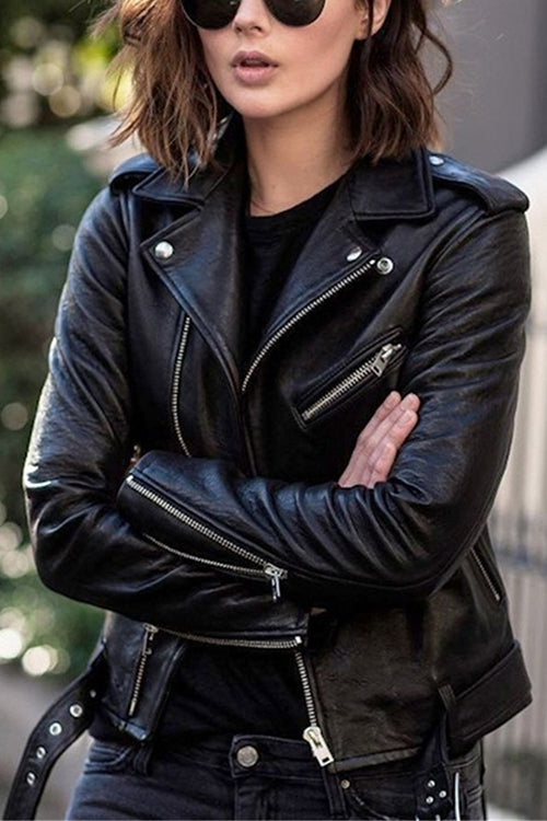 Drune | Rosiedress Vintage Revers Reißverschluss Kunstleder Bikerjacke