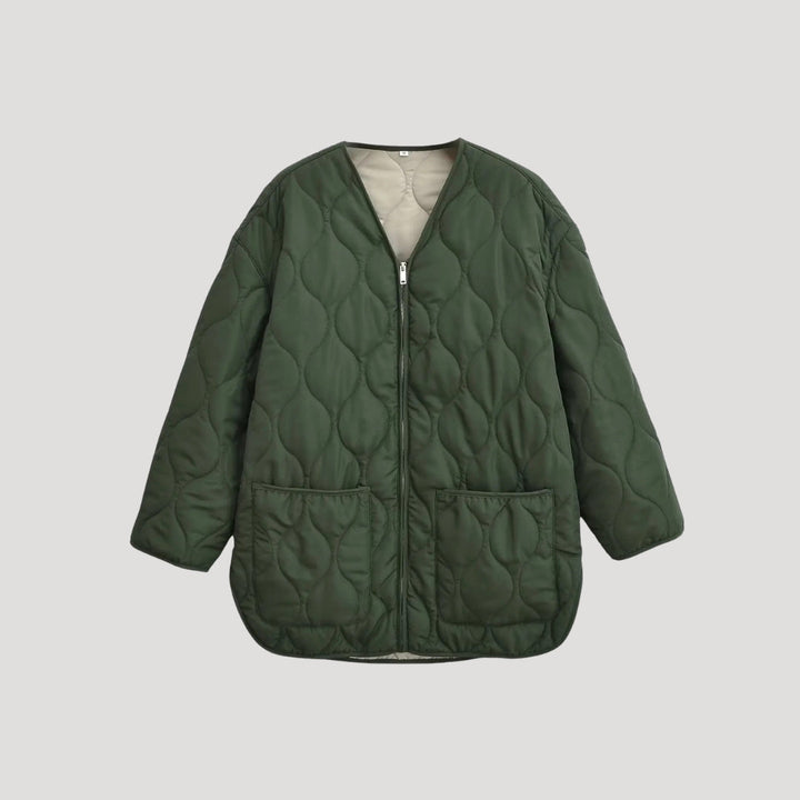 Drune | Damen gesteppte oversized grüne Fleece Zip-Up Jacke